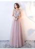 Pink Beaded V-neckline Tulle Long Party Dresses, Pink Formal Dresses Evening Dresses