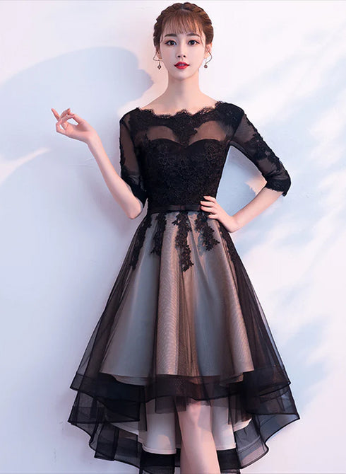 Champagne and black High Low Short Sleeves Party Dress, High Low homecoming Dress Formal Dresses