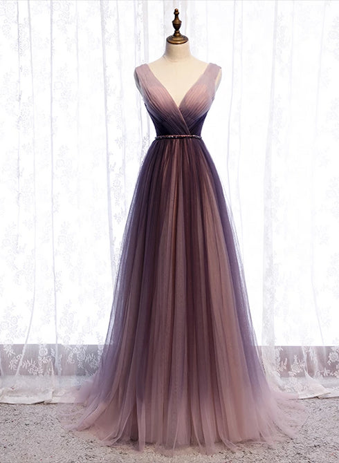 Beautiful Gradient V-neckline Tulle Long Prom Dress Party Dress, Gradient Evening Gown