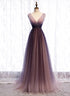 Beautiful Gradient V-neckline Tulle Long Prom Dress Party Dress, Gradient Evening Gown