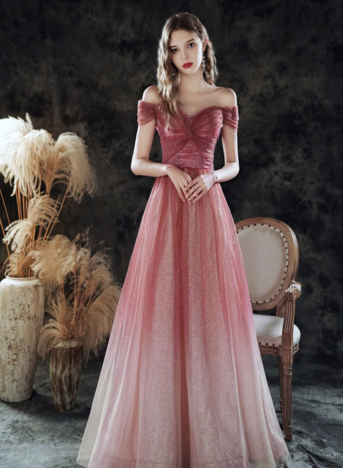 Pink Sweetheart Shiny Tulle Gradient Formal Dress, Pink A-line Prom Dress