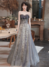 Grey Sweetheart A-line Tulle with Lace Applique Party Dress, Grey Long Formal Dress