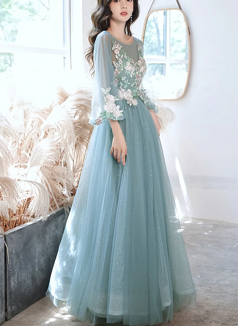 Green Long Sleeves with Lace Flowers Prom Dress, A-line Tulle Formal Dress