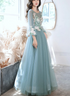 Green Long Sleeves with Lace Flowers Prom Dress, A-line Tulle Formal Dress
