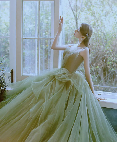 Light Green Straps Long Evening Dress Party Dress, Green Formal Dress