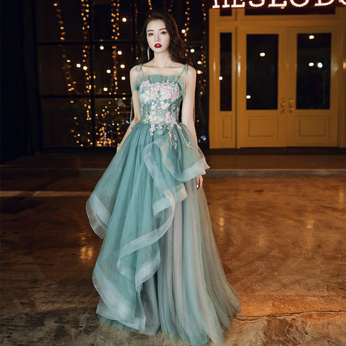 Beautiful Green and Pink Tulle Straps Long Party Dress Prom Dress, A-line Formal Dress