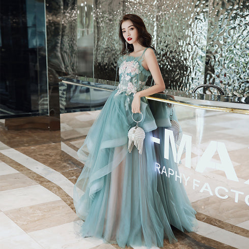 Beautiful Green and Pink Tulle Straps Long Party Dress Prom Dress, A-line Formal Dress