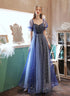 Dark Blue Sweetheart Short Sleeves Formal Dress, Blue A-line Prom Dress