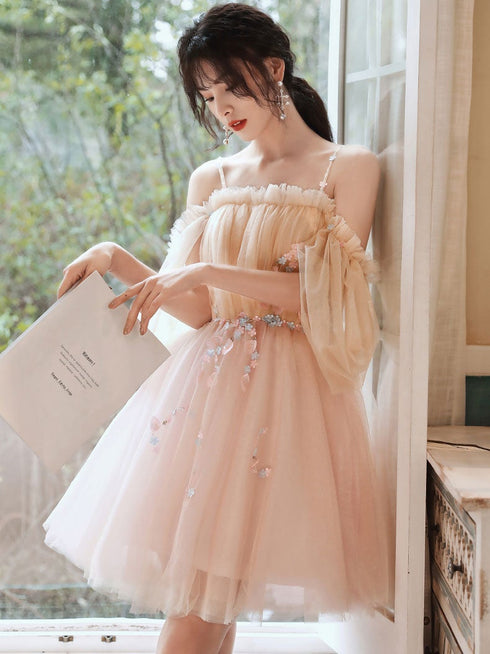 Lovely Light Pink and Champagne Short Prom Dress with Lace Applique. Short Homecoming Dresses