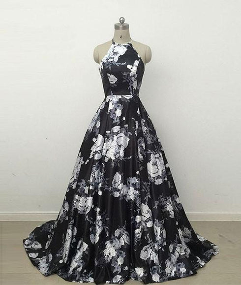 Black Floral Halter Ball Gown Party Dress, Floral Long Formal Dress Prom Dress