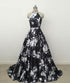 Black Floral Halter Ball Gown Party Dress, Floral Long Formal Dress Prom Dress
