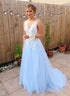 Pretty Light Blue Tulle with Lace Long Party Dress, A-line Light Blue Prom Dress