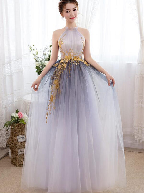 Beautiful Gradient Halter Tulle Evening Gown with Lace, Long Prom Dress