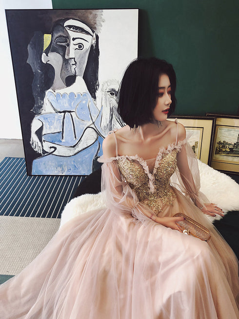 Cute Tulle with Gold Lace Straps Long Evening Dress Party Dress, A-line Tulle Formal Dresses