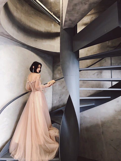 Cute Tulle with Gold Lace Straps Long Evening Dress Party Dress, A-line Tulle Formal Dresses