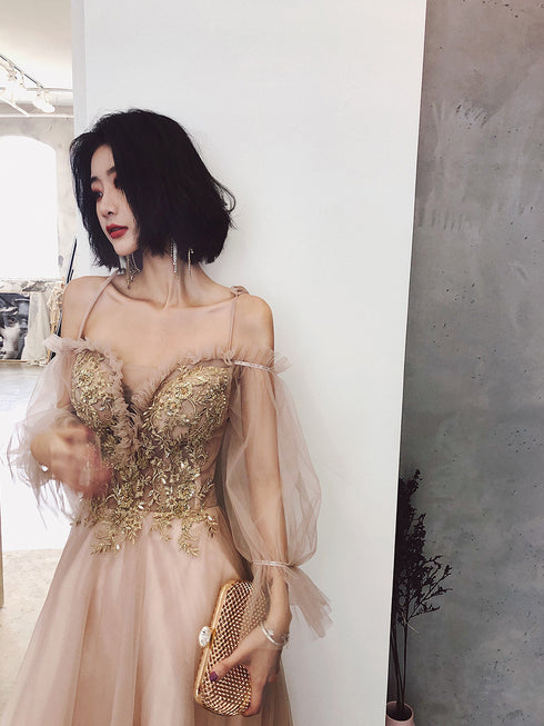 Cute Tulle with Gold Lace Straps Long Evening Dress Party Dress, A-line Tulle Formal Dresses