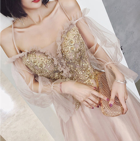 Cute Tulle with Gold Lace Straps Long Evening Dress Party Dress, A-line Tulle Formal Dresses