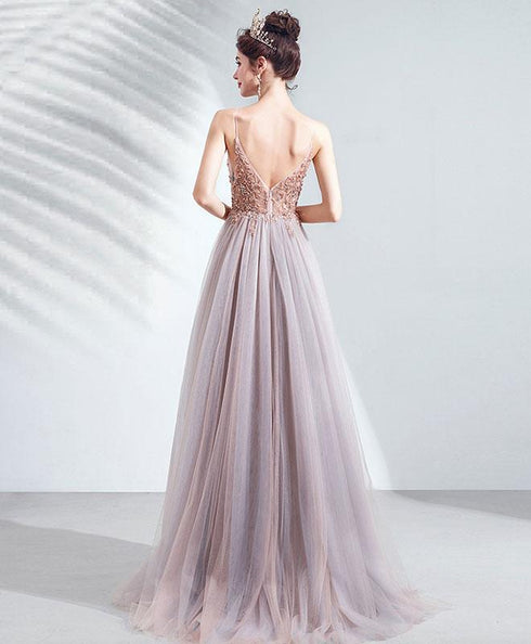 Pink Chic Tulle Slit V-neckline Beaded Party Dresses, A-line Dark Pink Prom Dress Party Dress
