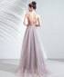 Pink Chic Tulle Slit V-neckline Beaded Party Dresses, A-line Dark Pink Prom Dress Party Dress