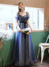 Dark Blue Sweetheart Short Sleeves Formal Dress, Blue A-line Prom Dress