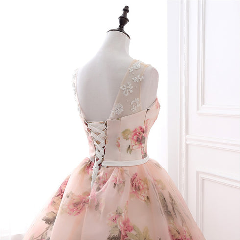 Beautiful Flowers Organza Formal Gown with Lace, Pink Sweet 16 Gown