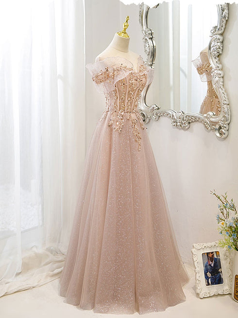 Pink Off Shoulder Shiny Tulle with Beaded and Lace Prom Dress, Pink Formal Dresses