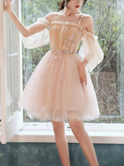 Lovely Light Pink and Champagne Short Prom Dress with Lace Applique. Short Homecoming Dresses