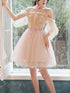 Lovely Light Pink and Champagne Short Prom Dress with Lace Applique. Short Homecoming Dresses