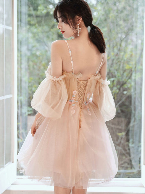 Lovely Light Pink and Champagne Short Prom Dress with Lace Applique. Short Homecoming Dresses