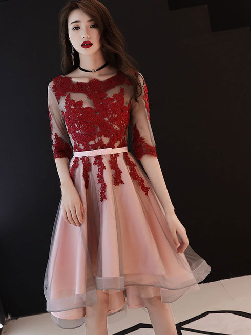 Red and Pink Tulle with Lace Short Sleeves Party Dress, High Low Homecoming Dress