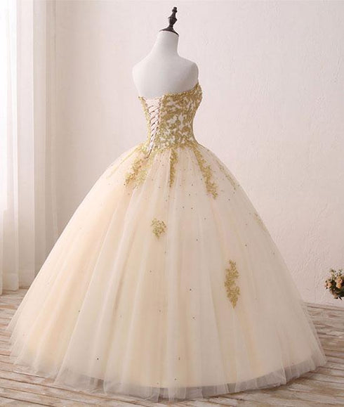Beautiful Light Champagne Ball Gown Party Dress, Sweet 16 dress with Gold Applique