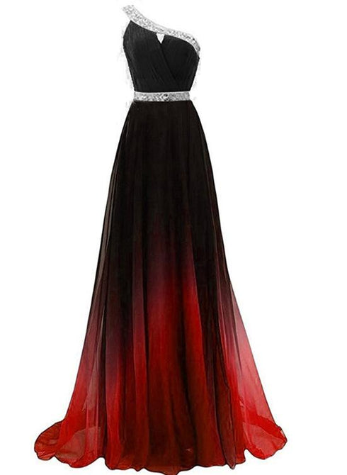 Beautiful Red and Black Long Party Dress, Gradient One Shoulder Prom Dress