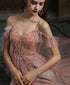 Beautiful Pink V-neckline Straps Beaded Long Party Dress, Pink Tulle Prom Dress Formal Dress
