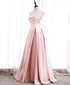 Pink Satin Long Party Dress with Pearls, Floor Length Party Dres Wedding Party Dress