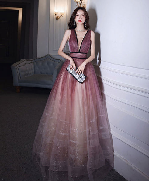 Beautiful Tulle Gradient V-neckline Long Party Dress, A-line Prom Dress New Evening Dress