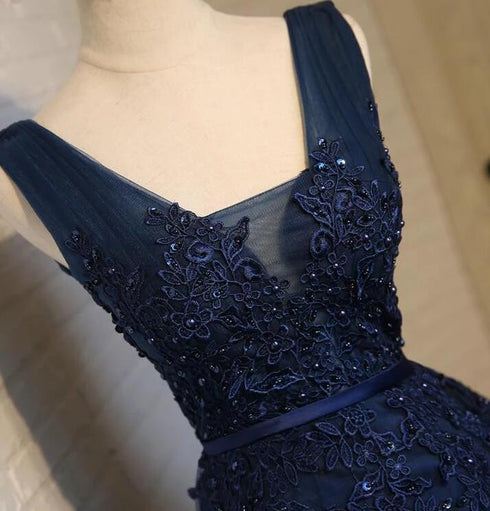 Beautiful Navy Blue Knee Length Homecoming Dresses, V-neckline Short Formal Dresses