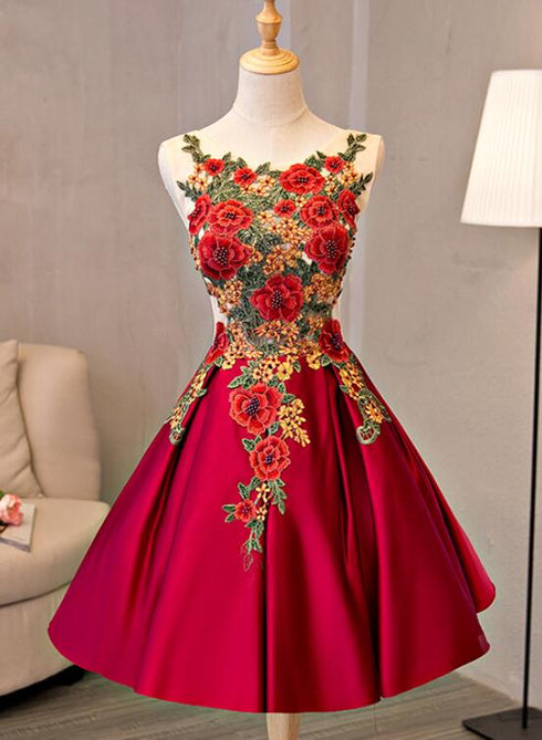 Beautiful Red Lace Applique Flower Homecoming Dress, Red Prom Dress