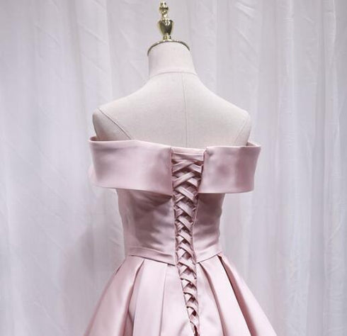 Cute Satin Pink Sweetheart Off Shoulder Knee Length Party Dress, Short Prom Dress