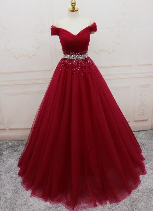 Beautiful Handmade A-line Prom Dress , Off Shoulder Wine Red Party Dress