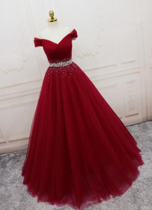 Beautiful Handmade A-line Prom Dress , Off Shoulder Wine Red Party Dress
