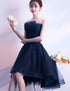 Charming Navy Blue High Low Party Dress, Lace Applique  Prom Dress
