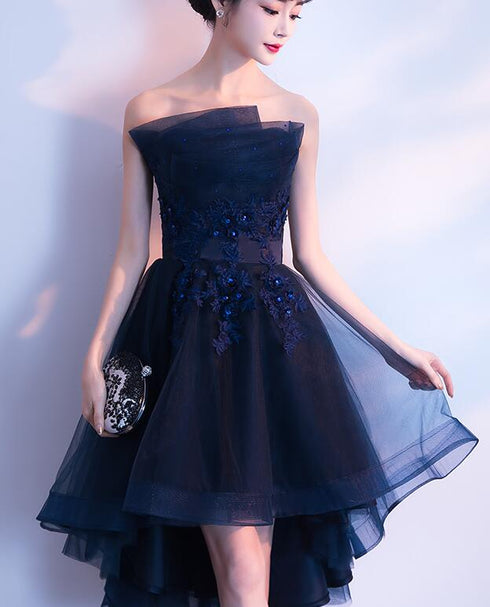 Charming Navy Blue High Low Party Dress, Lace Applique  Prom Dress