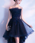 Charming Navy Blue High Low Party Dress, Lace Applique  Prom Dress