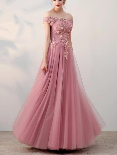Pink Off Shoulder Tulle Long Party Dress, Pink Bridesmaid Dress