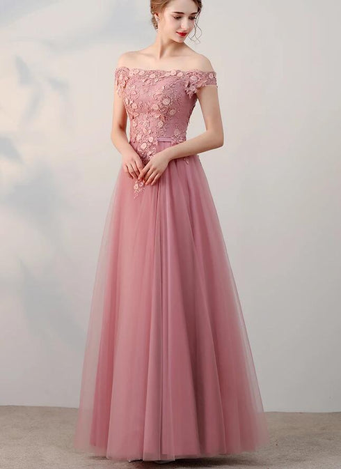 Pink Off Shoulder Tulle Long Party Dress, Pink Bridesmaid Dress