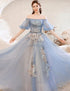 Beautiful Blue Tulle with Lace Long Off Shoulder Formal Dresses, Blue A-line Prom Dress