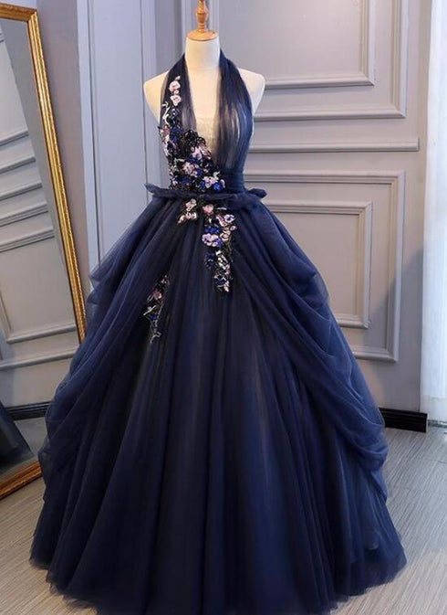 Charming Navy Blue Halter Tulle Party Dress with Flower Applique, Blue Gown