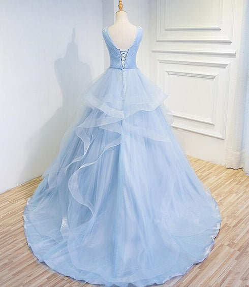 Beautiful Blue Prom Dresses V-neck Ball Gown Sweep Train Party Dress, Sweet 16 Gown