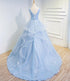 Beautiful Blue Prom Dresses V-neck Ball Gown Sweep Train Party Dress, Sweet 16 Gown