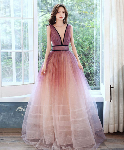 Beautiful Tulle Gradient V-neckline Long Party Dress, A-line Prom Dress New Evening Dress